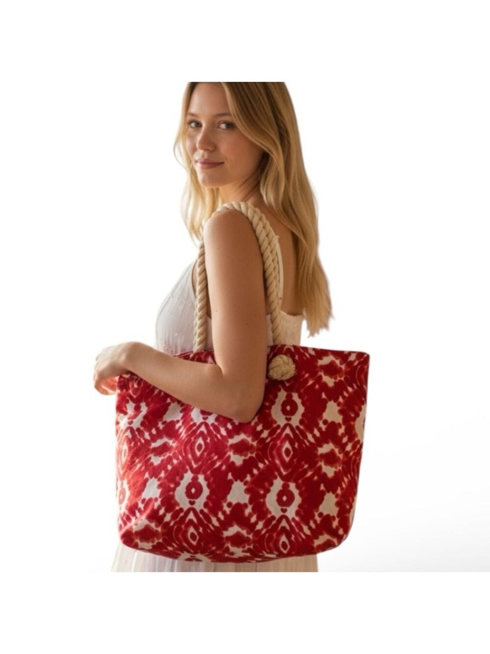 Old Navy Red and White Tie Dye Large Canvas Tote Bag Rope Handles